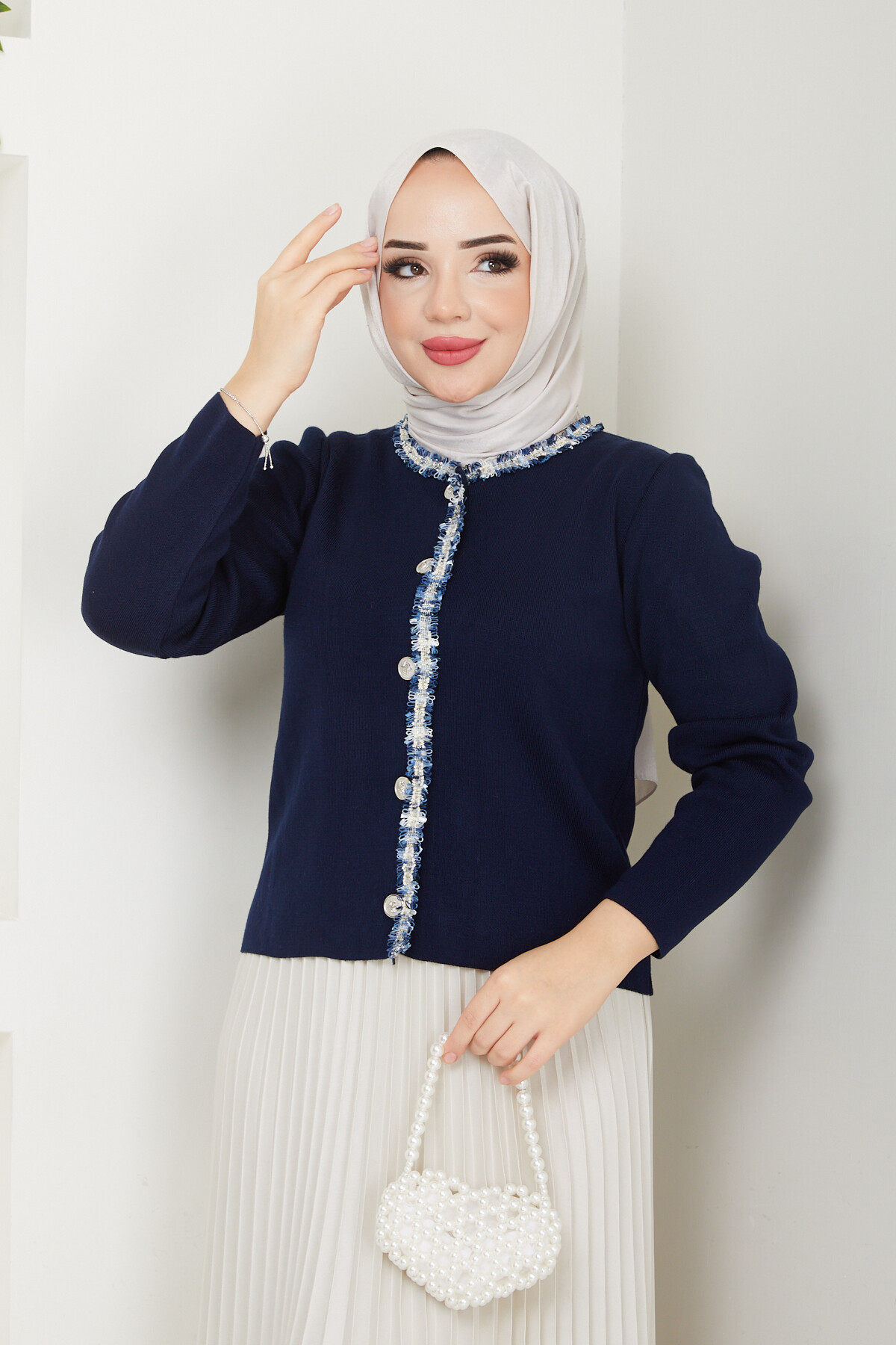 DİKİŞ DETAYLI CROP HIRKA ETEK KOMBİN-LACİVERT