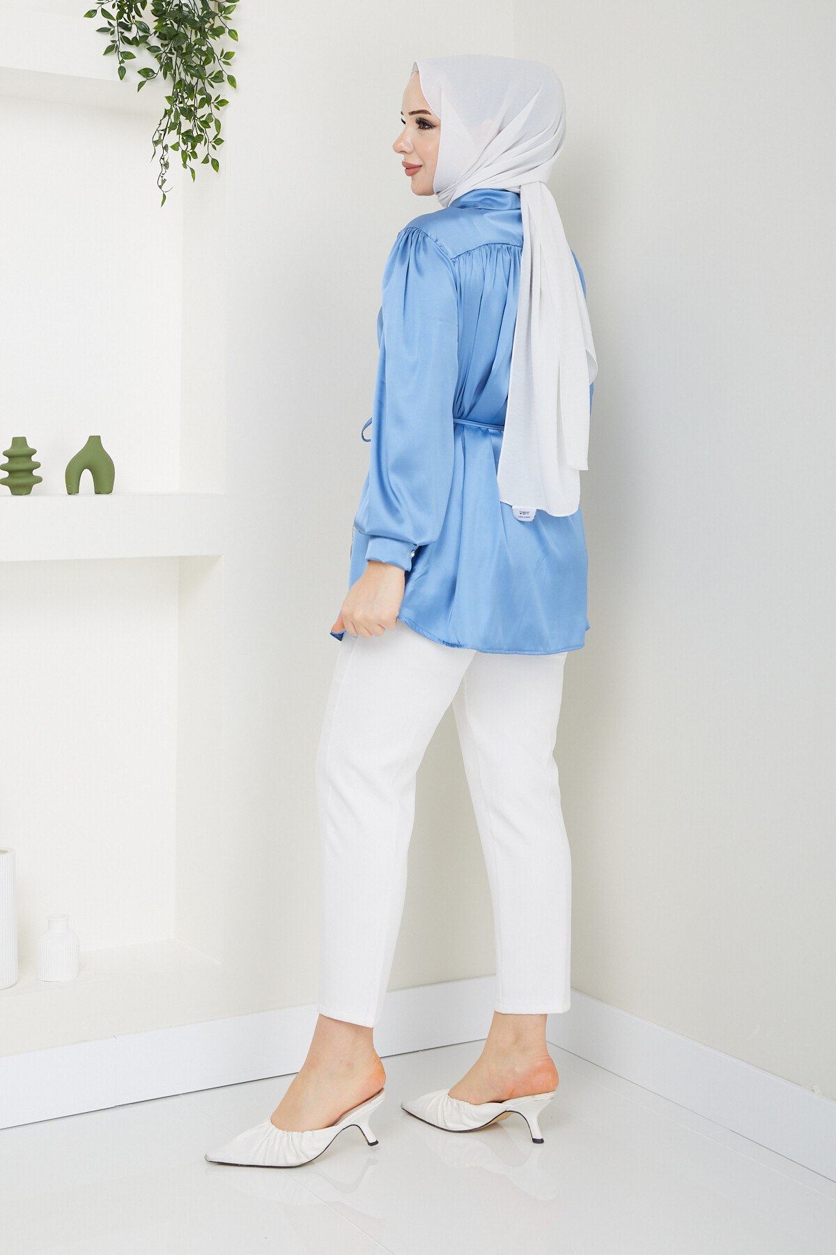 BAĞCIKLI SATEN GÖMLEK-BEBE MAVİ