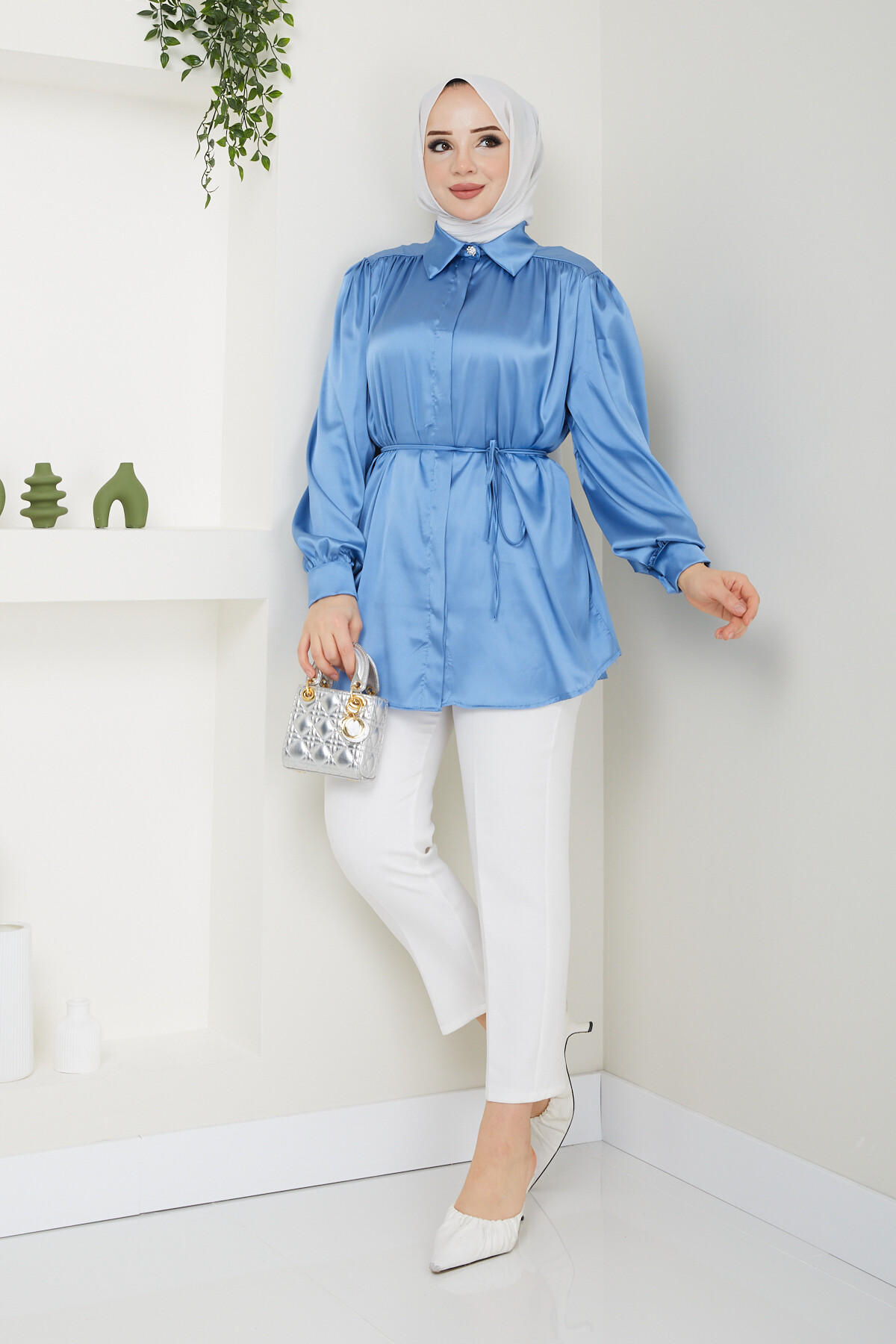 BAĞCIKLI SATEN GÖMLEK-BEBE MAVİ