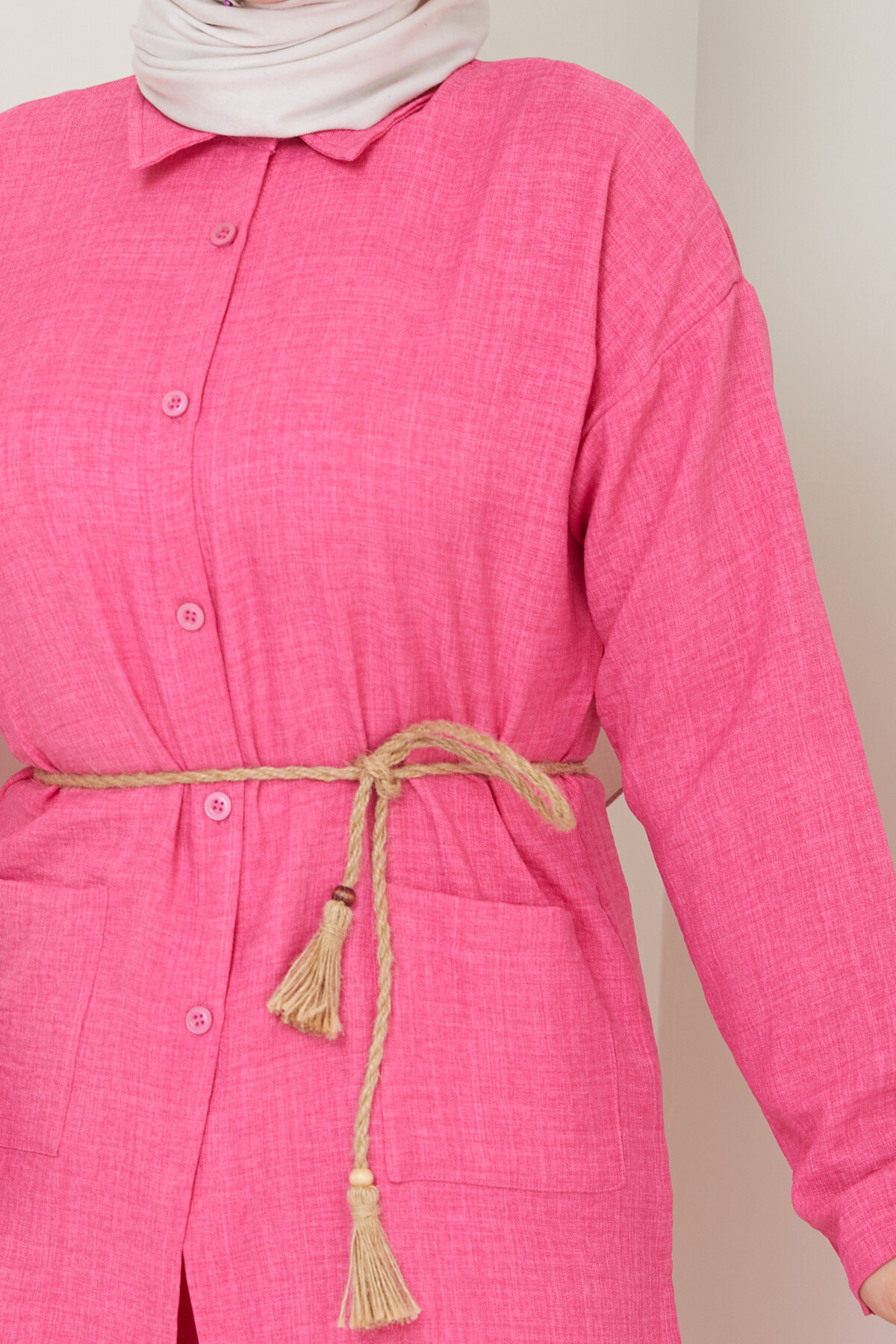 CEP DETAY HASIR İP KEMERLİ KETEN TAKIM-FUŞYA