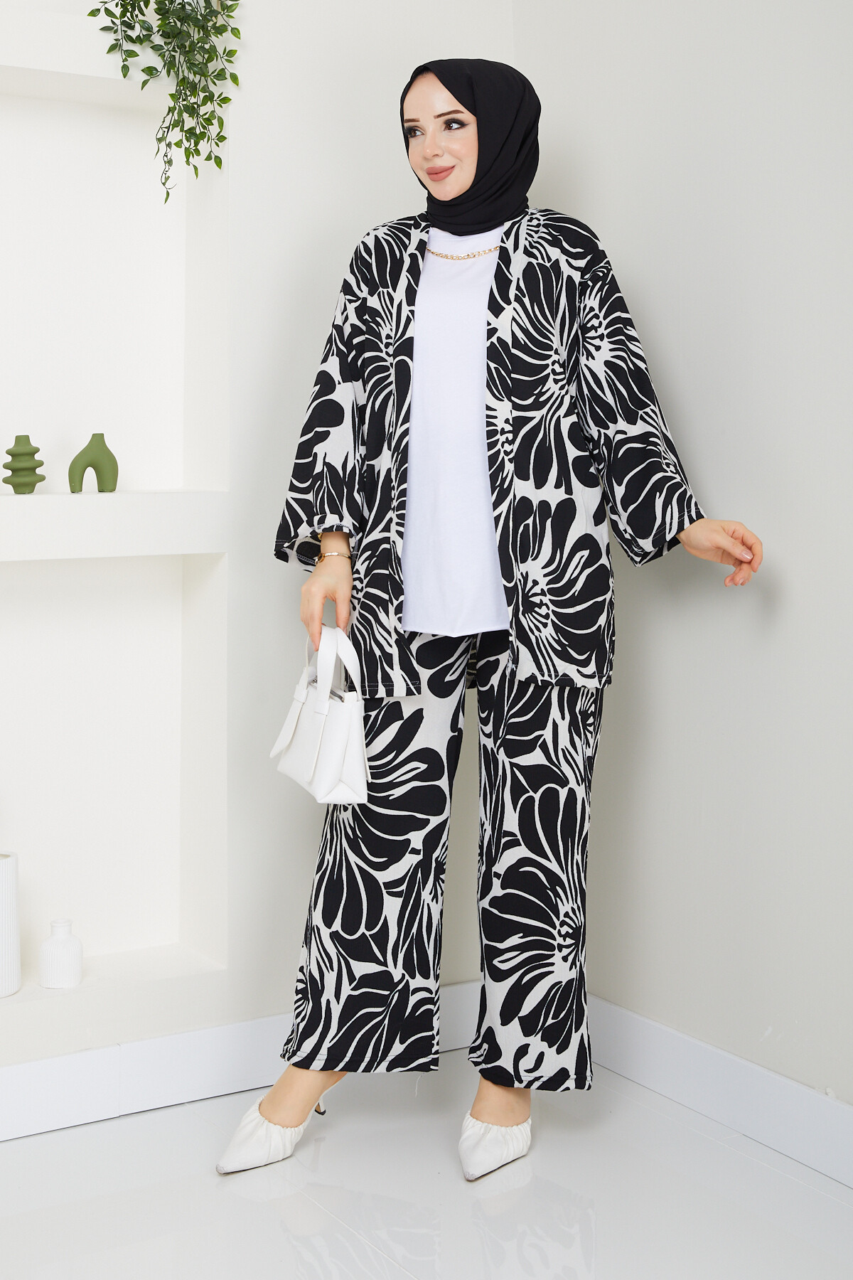 DESENLİ BÜRÜMCÜK KİMONO TAKIM-SİYAH