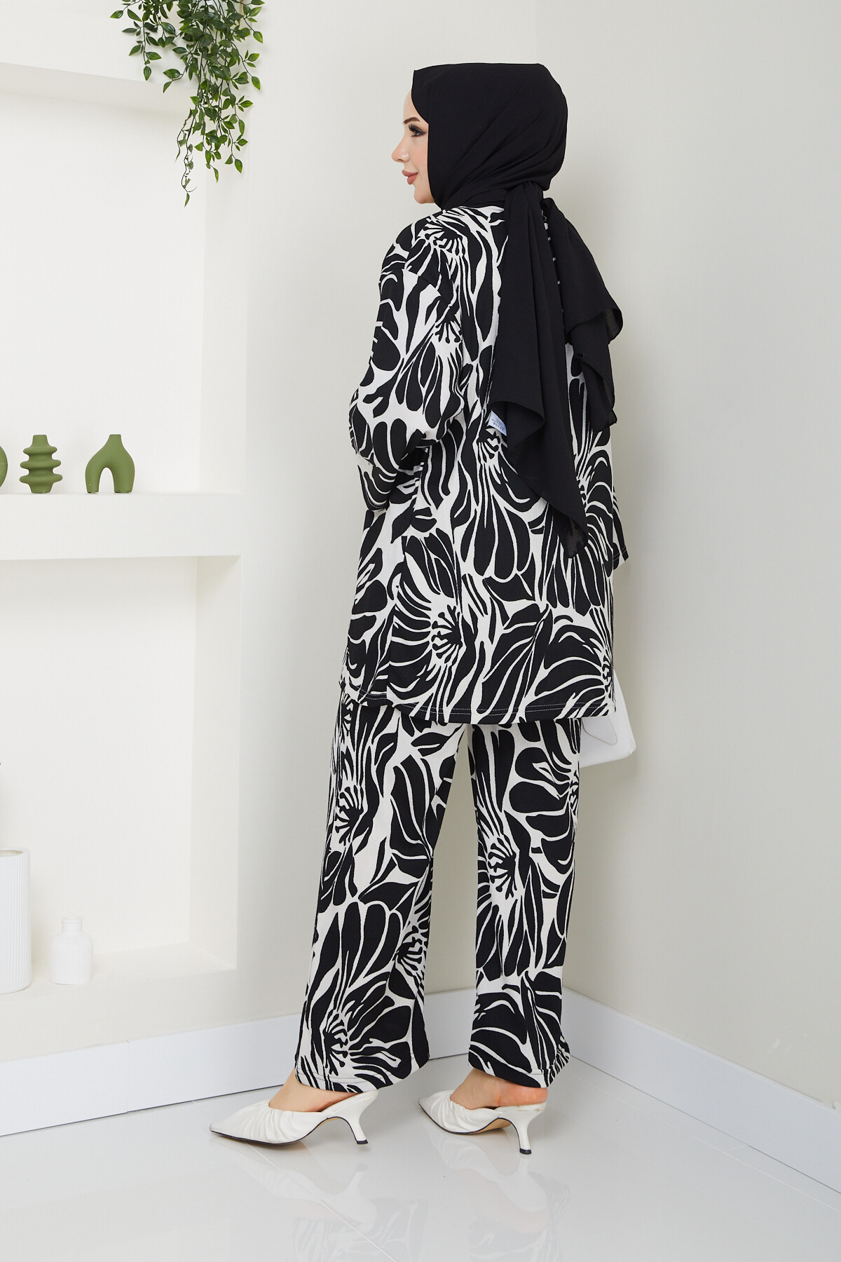 DESENLİ BÜRÜMCÜK KİMONO TAKIM-SİYAH