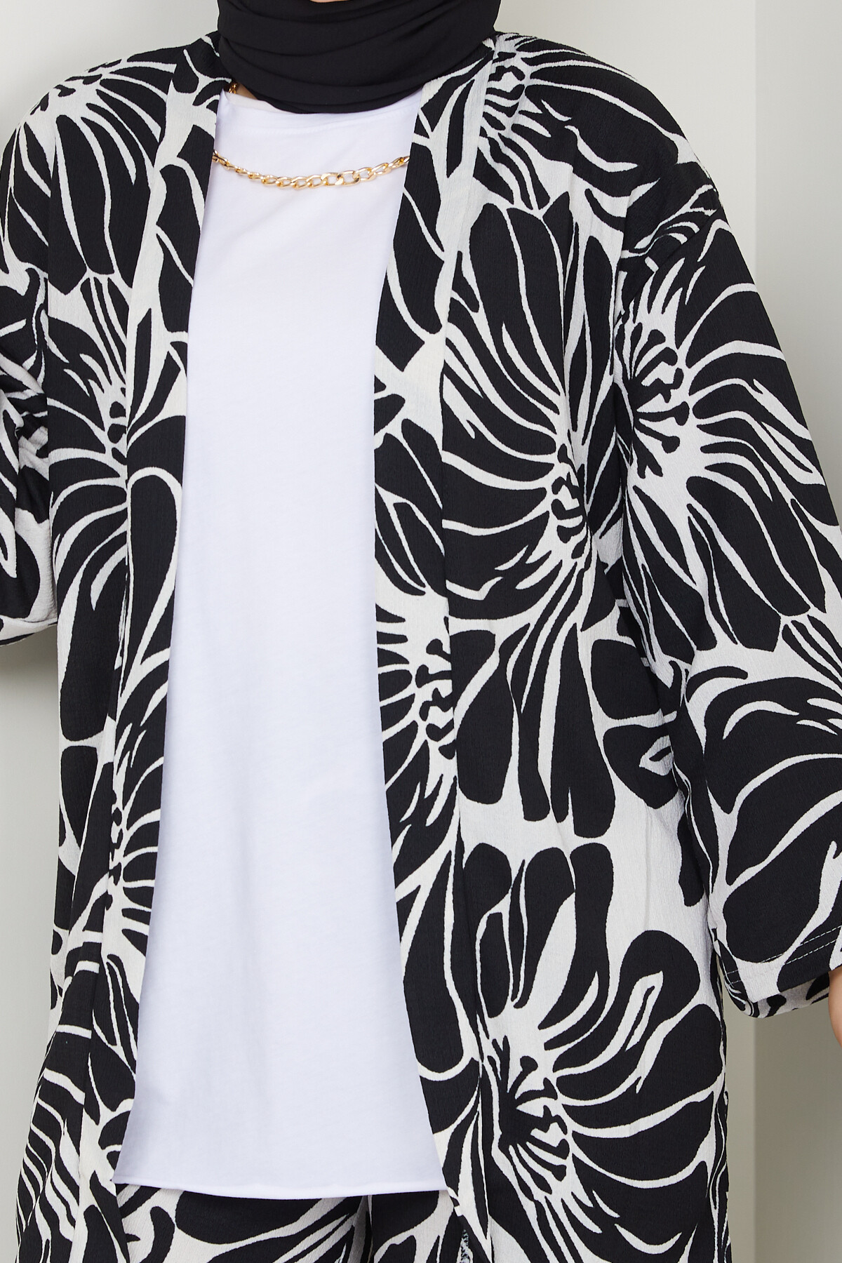 DESENLİ BÜRÜMCÜK KİMONO TAKIM-SİYAH