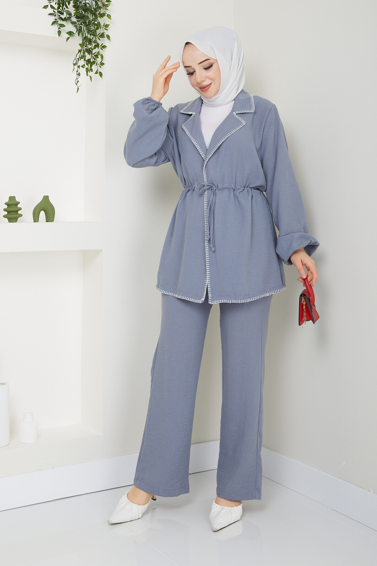 DİKİŞ DETAYLI KETEN TAKIM-GRİ