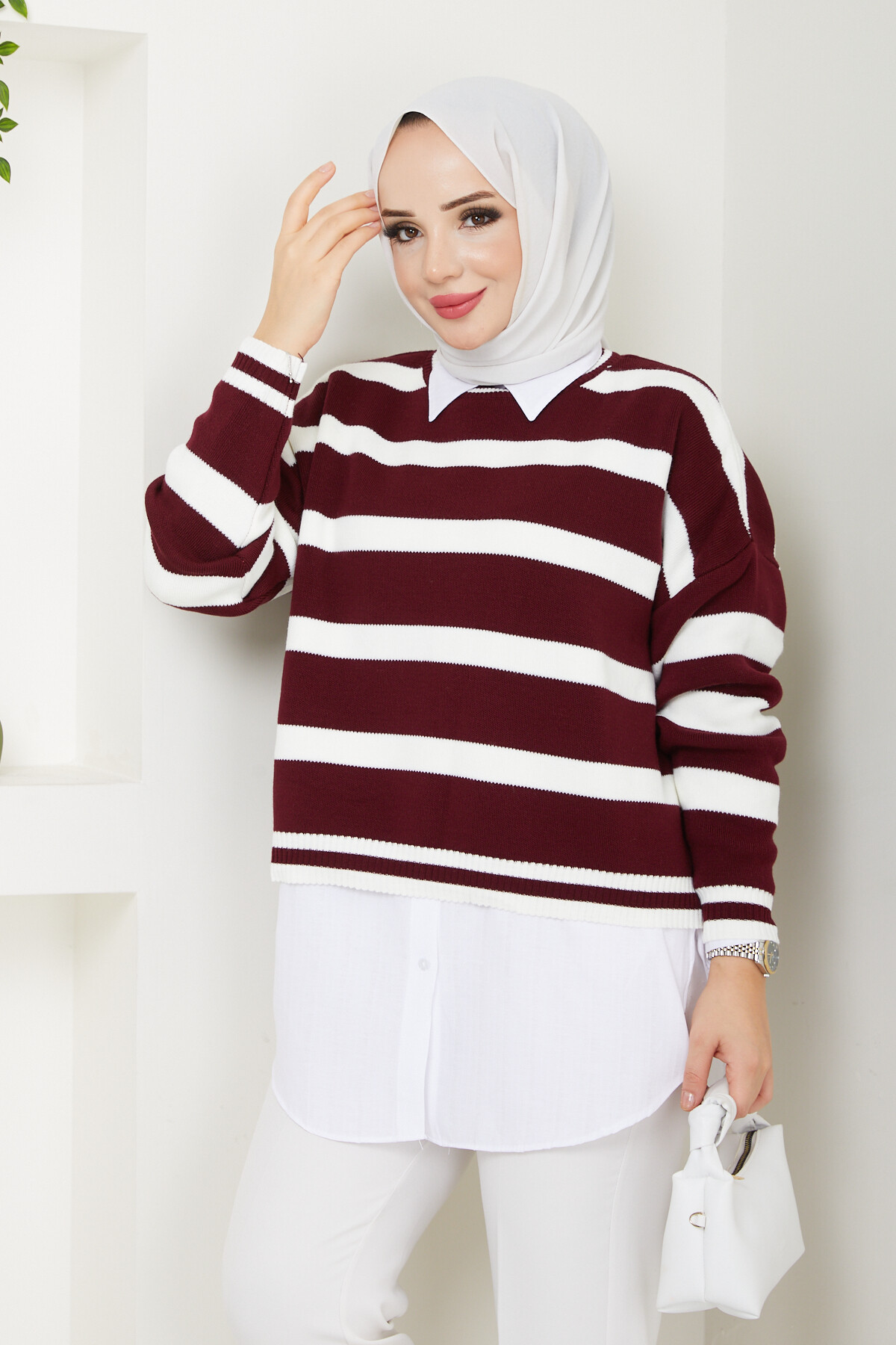 KALIN ÇİZGİLİ CROP KAZAK-BORDO