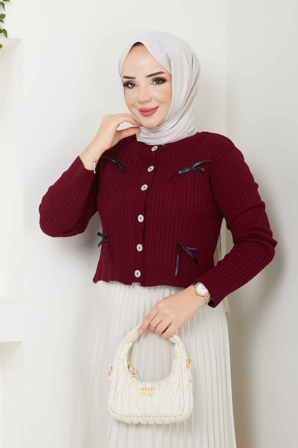 KURDELELİ CROP HIRKA-BORDO