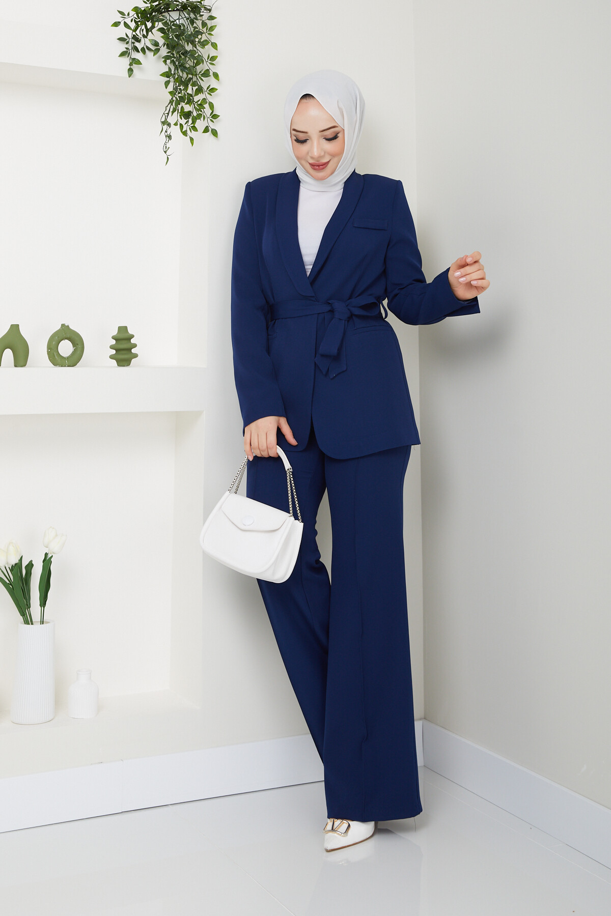 KUŞAKLI BLAZER CEKET TAKIM-LACİVERT