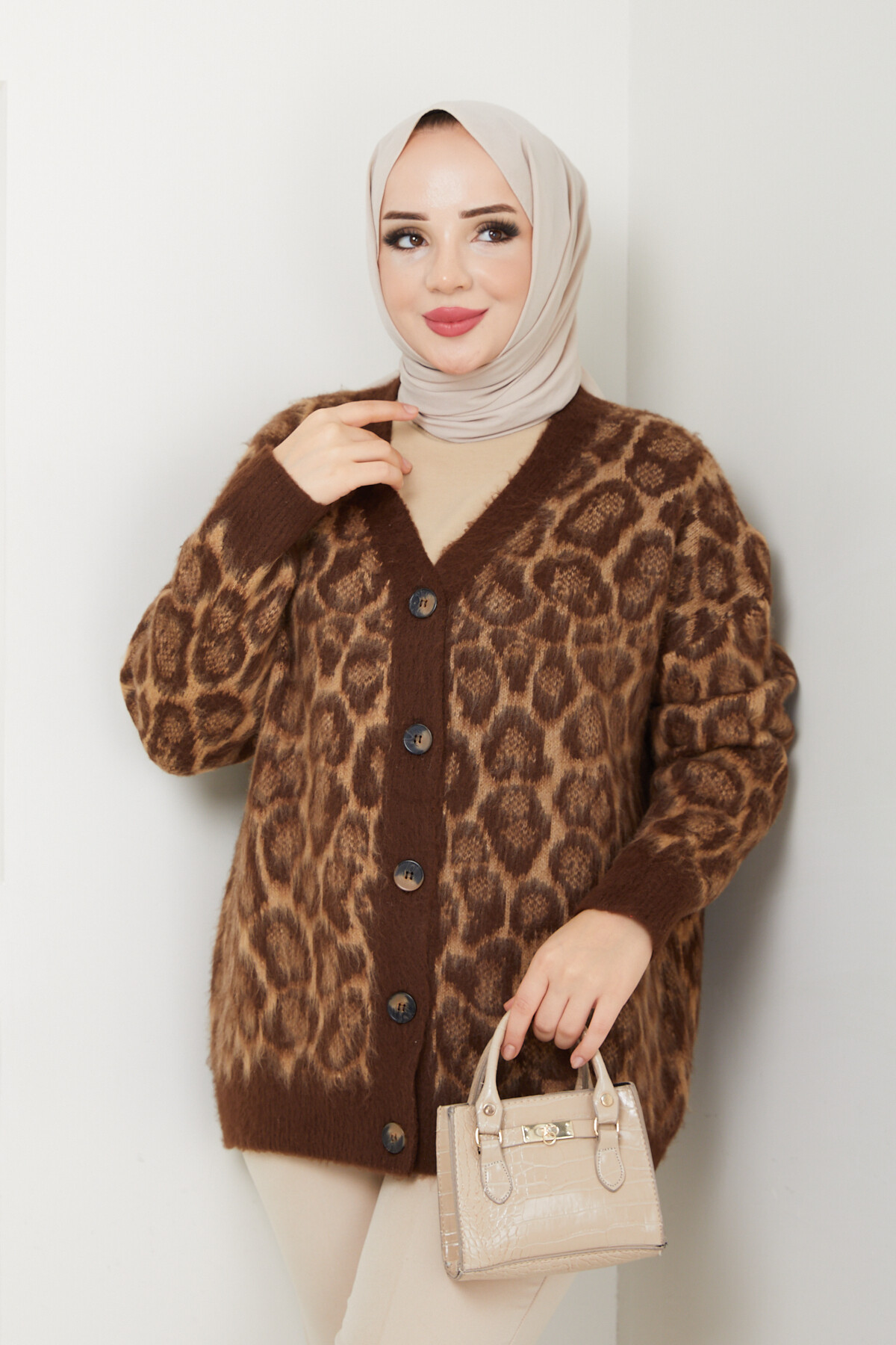 LEOPAR DESEN OVERSİZE HIRKA-ACI KAHVE