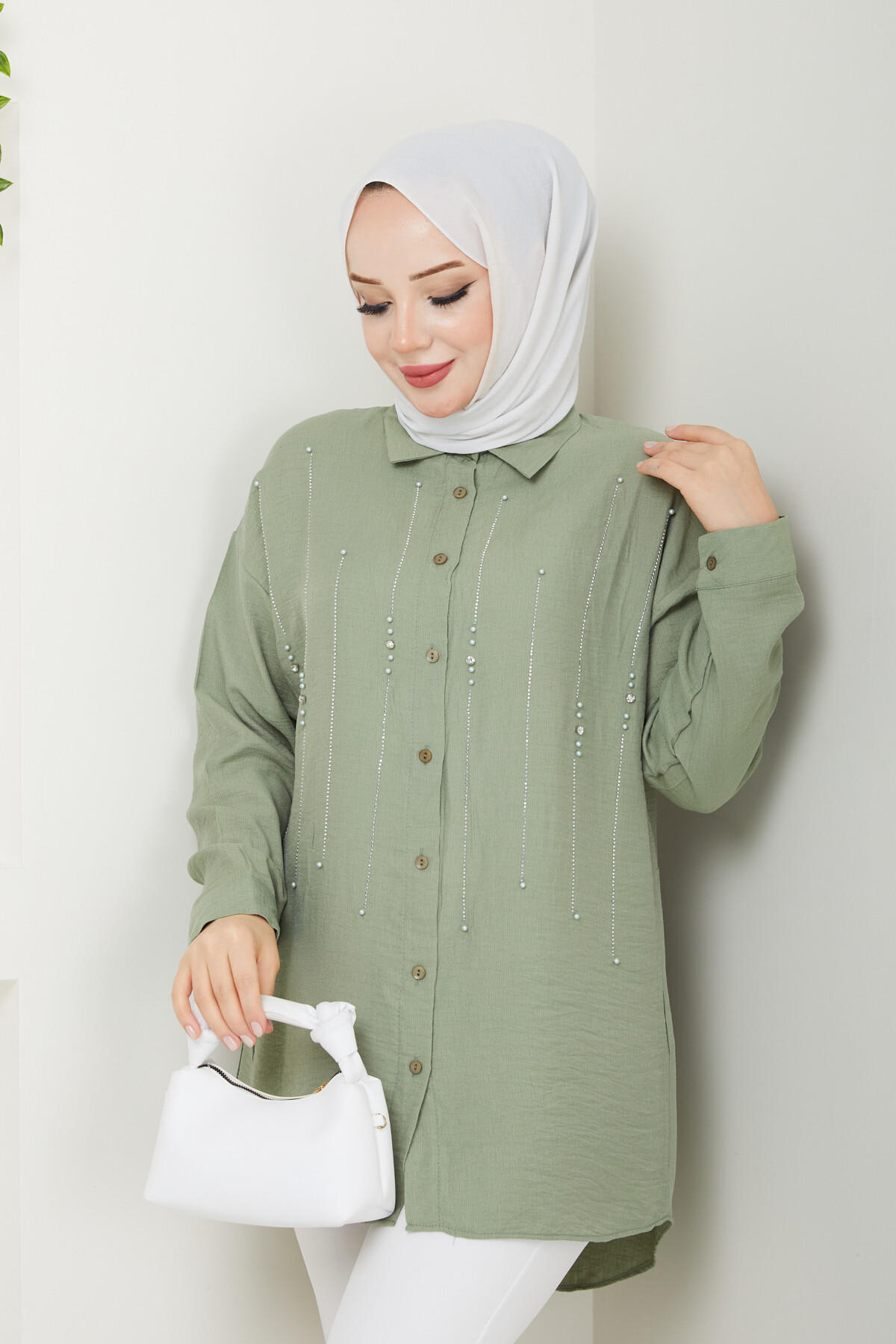 NV TAŞLI OVERSİZE GÖMLEK-MİNT YEŞİLİ