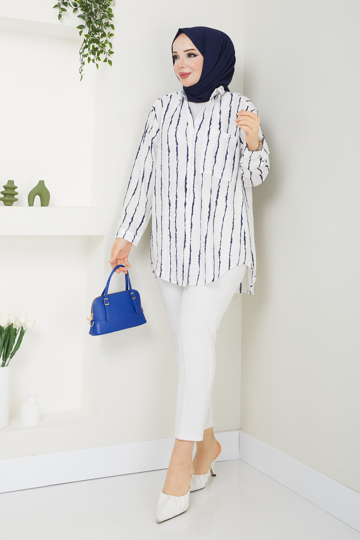 ŞERİT DALGALI GÖMLEK-BEYAZ