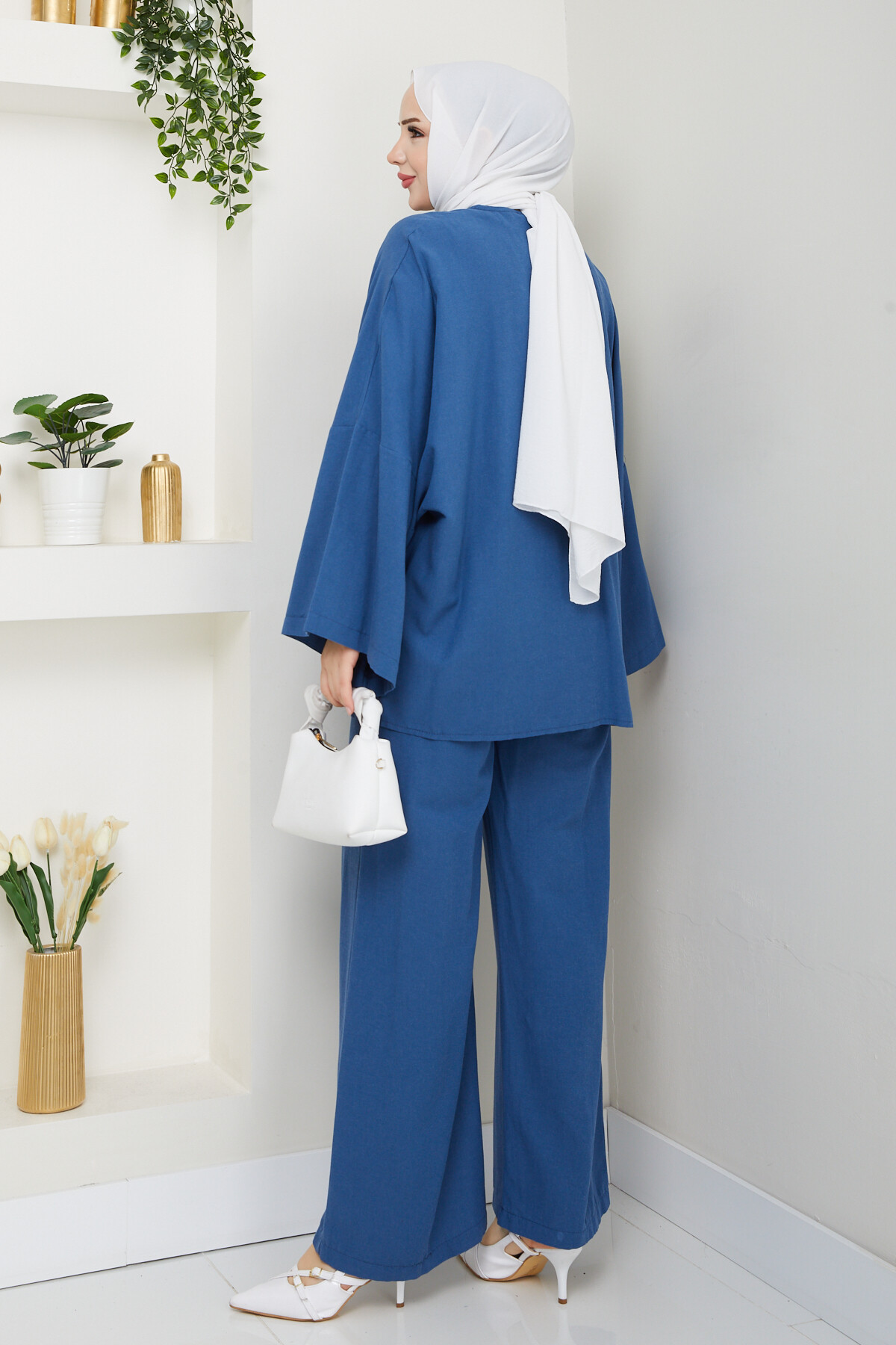 BAĞCIK VE DÜĞME DETAY KETEN TAKIM - MAVİ