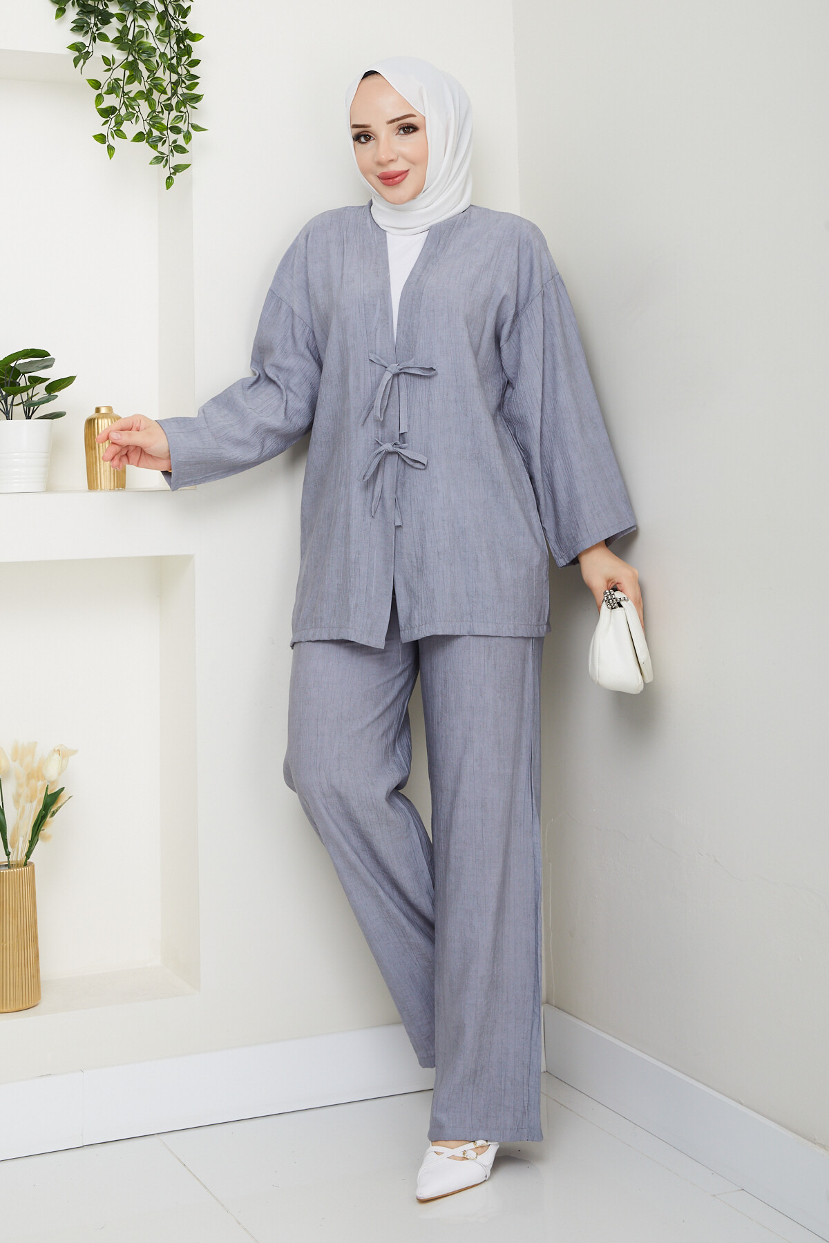 BAĞLAMALI İP DETAY KİMONO TAKIM - GRİ