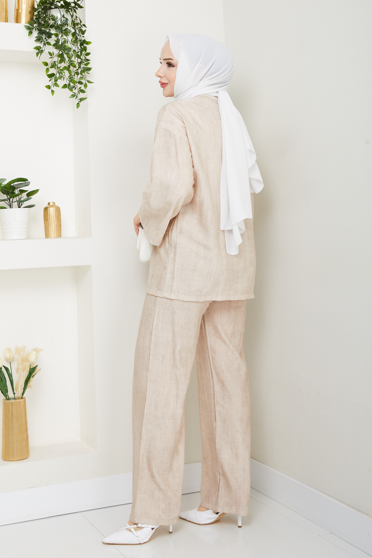 BAĞLAMALI İP DETAY KİMONO TAKIM - KREM