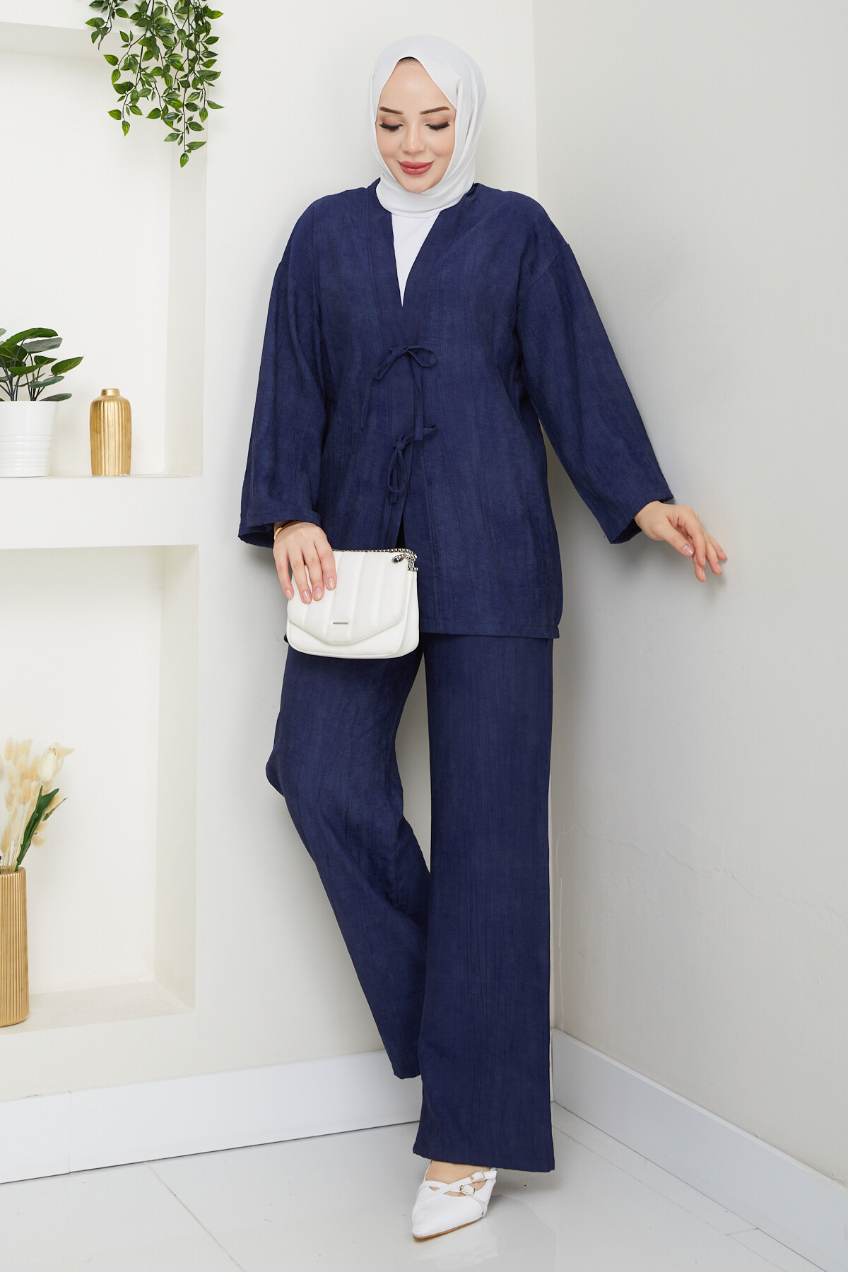 BAĞLAMALI İP DETAY KİMONO TAKIM - LACİVERT