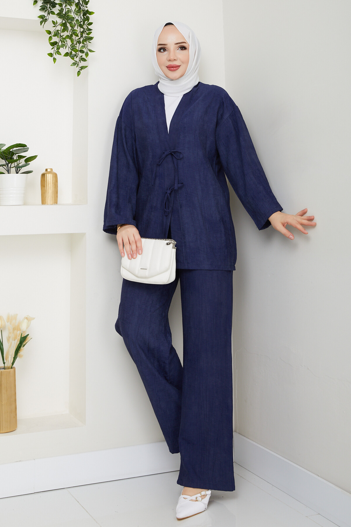 BAĞLAMALI İP DETAY KİMONO TAKIM - LACİVERT