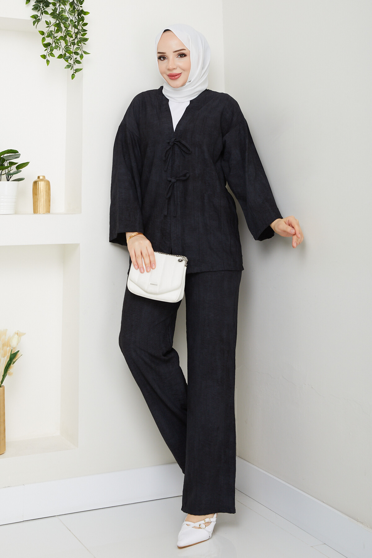 BAĞLAMALI İP DETAY KİMONO TAKIM - SİYAH