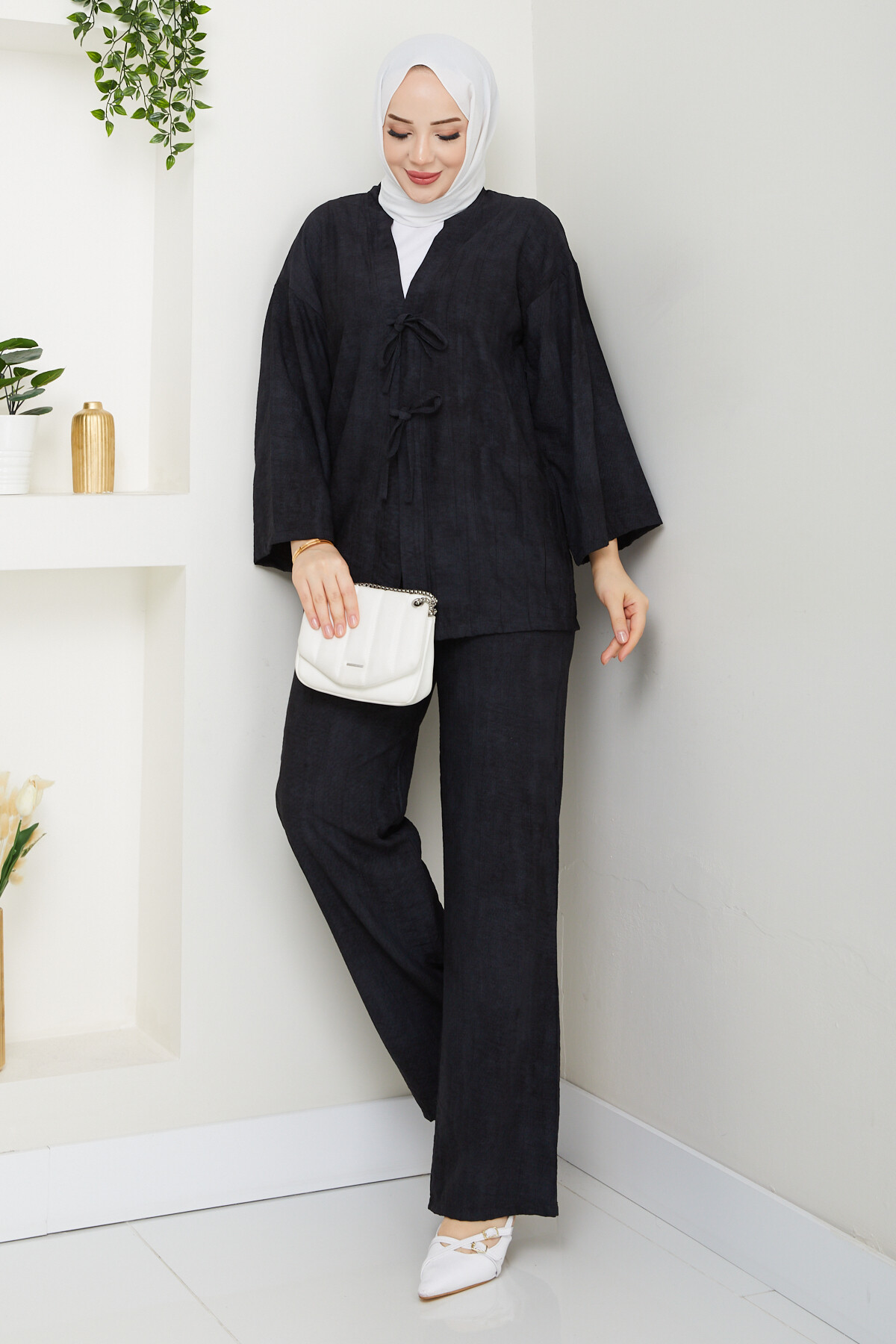 BAĞLAMALI İP DETAY KİMONO TAKIM - SİYAH