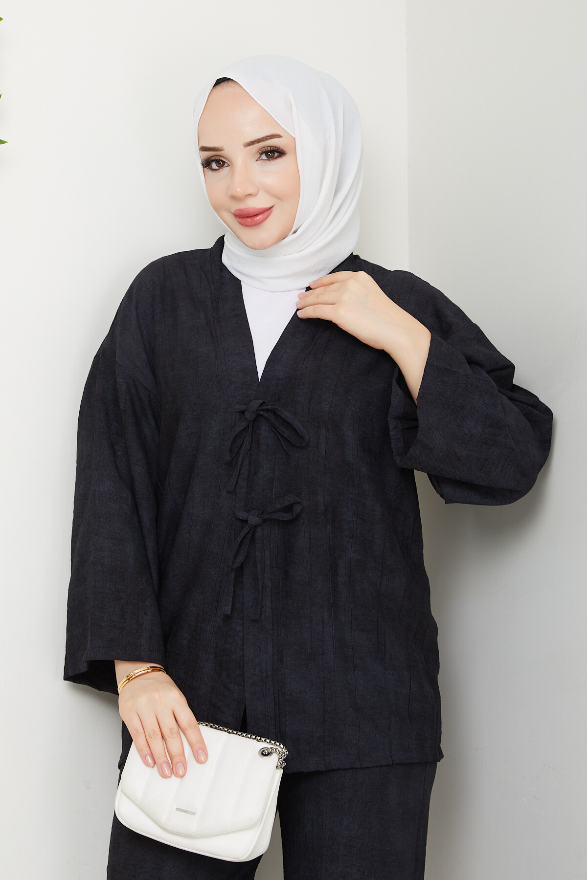 BAĞLAMALI İP DETAY KİMONO TAKIM - SİYAH