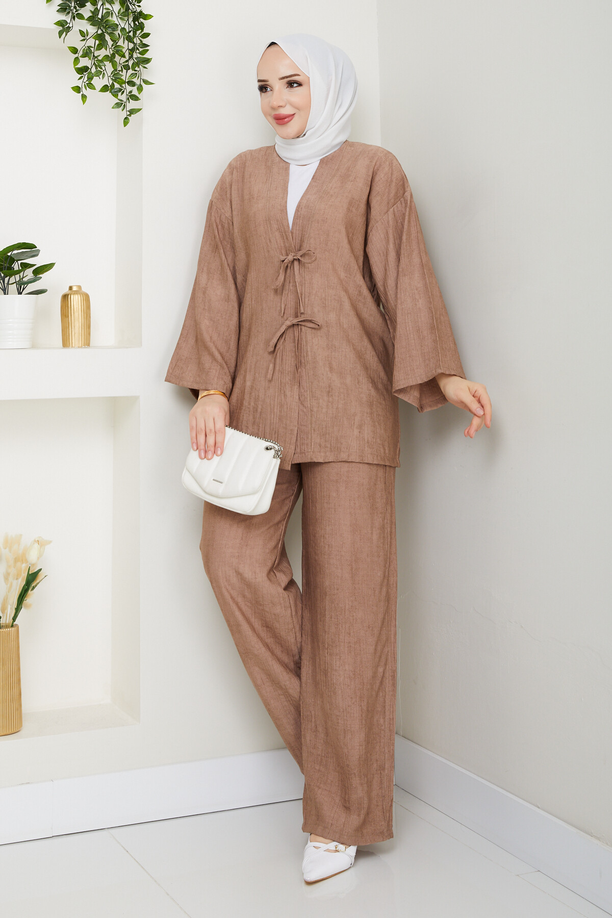 BAĞLAMALI İP DETAY KİMONO TAKIM - VİZON