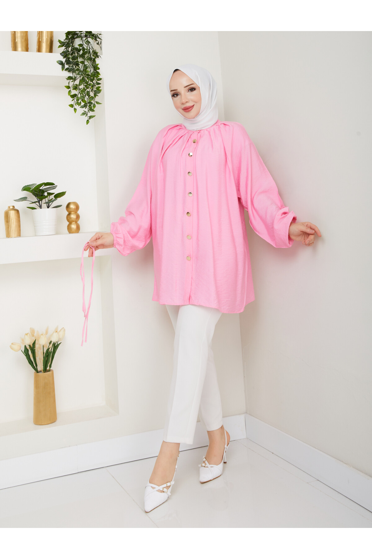 BALON KOL GOLD DÜĞME GÖMLEK-PEMBE