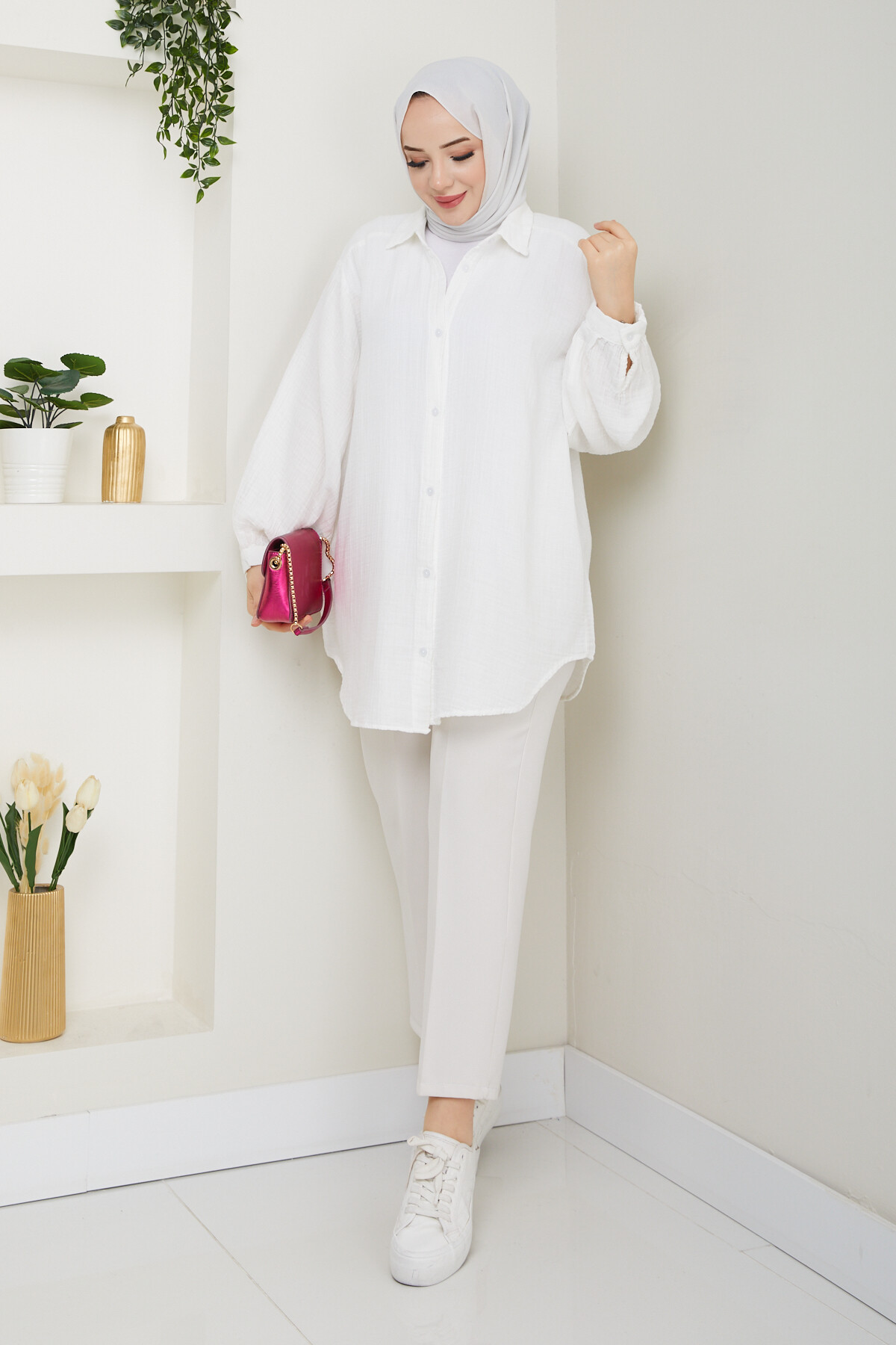 BALON KOL MÜSLİN GÖMLEK-BEYAZ