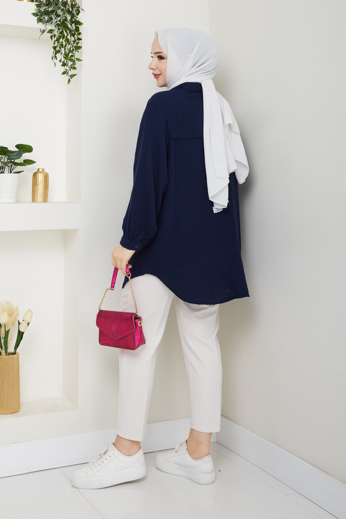 BALON KOL MÜSLİN GÖMLEK-LACİVERT