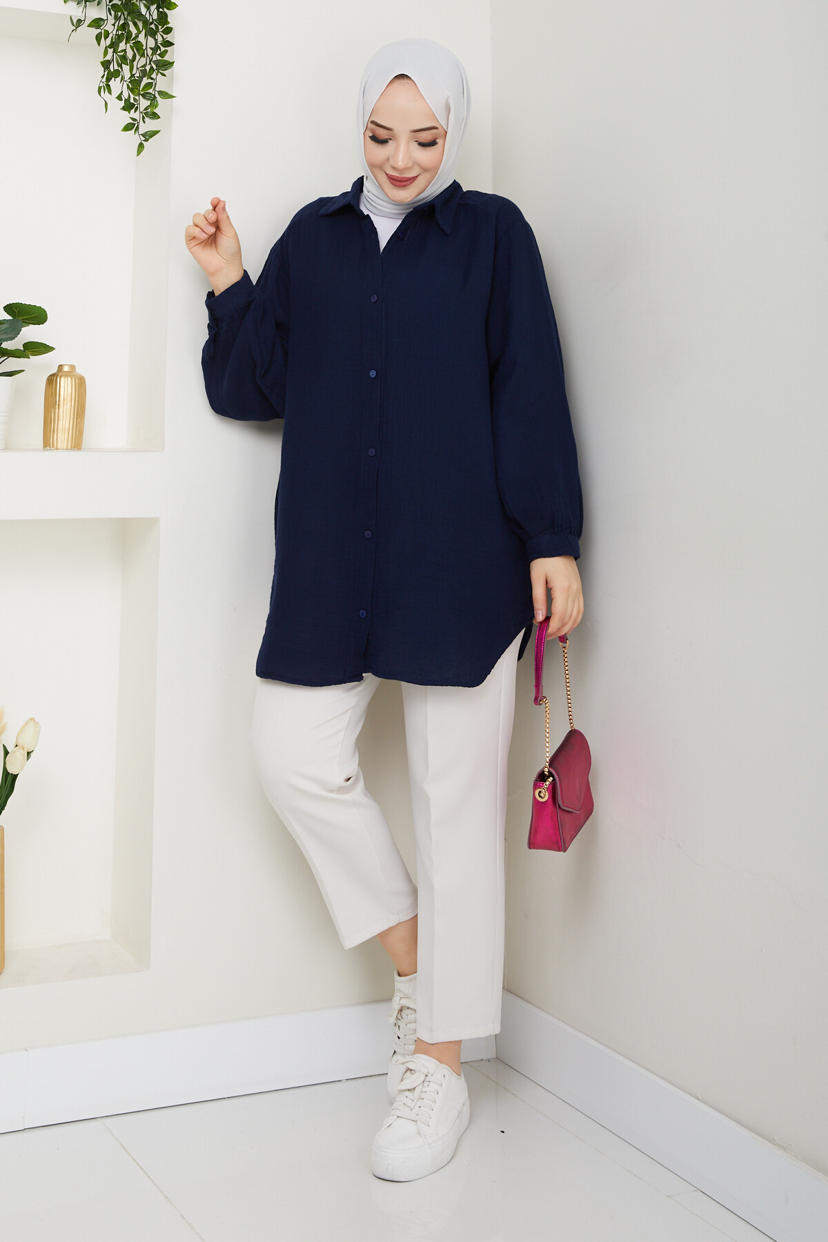 BALON KOL MÜSLİN GÖMLEK-LACİVERT