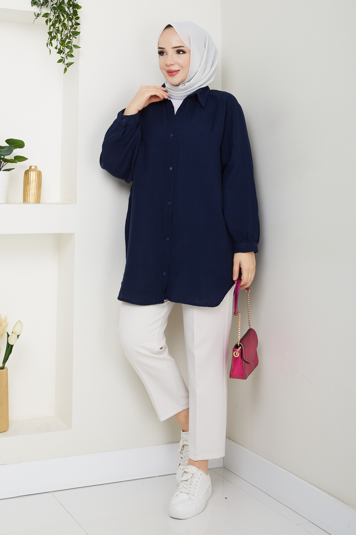 BALON KOL MÜSLİN GÖMLEK-LACİVERT