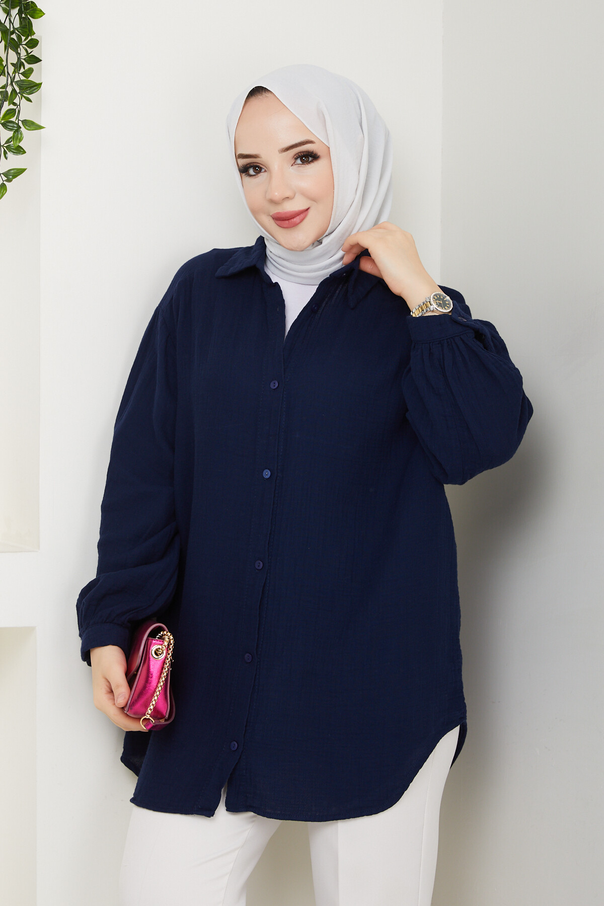 BALON KOL MÜSLİN GÖMLEK-LACİVERT