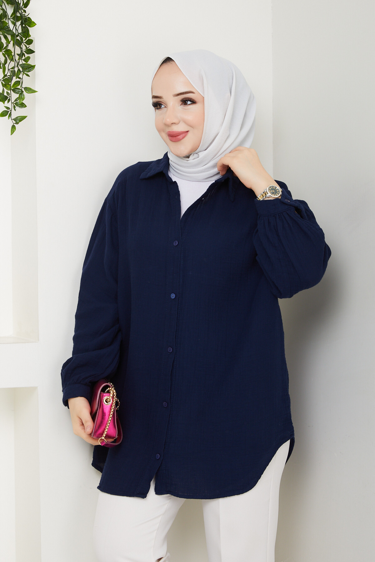 BALON KOL MÜSLİN GÖMLEK-LACİVERT