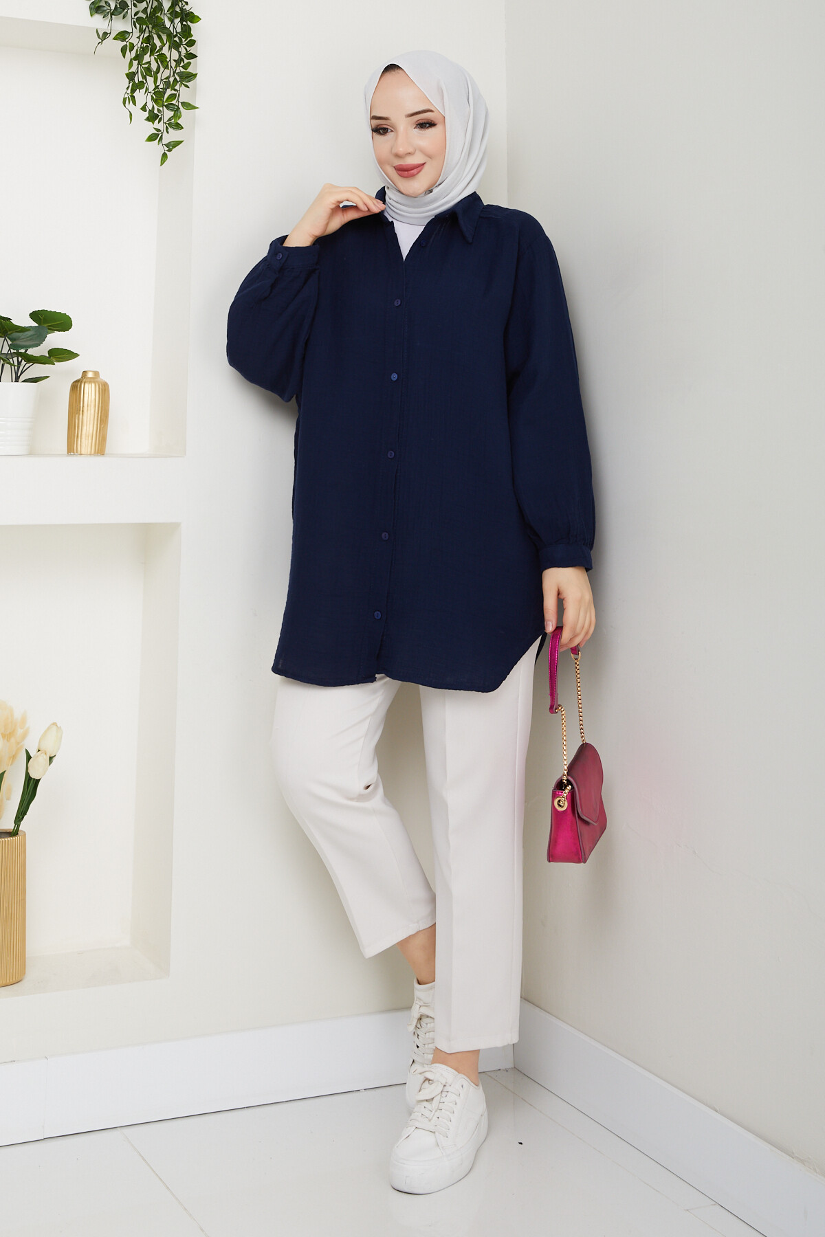 BALON KOL MÜSLİN GÖMLEK-LACİVERT