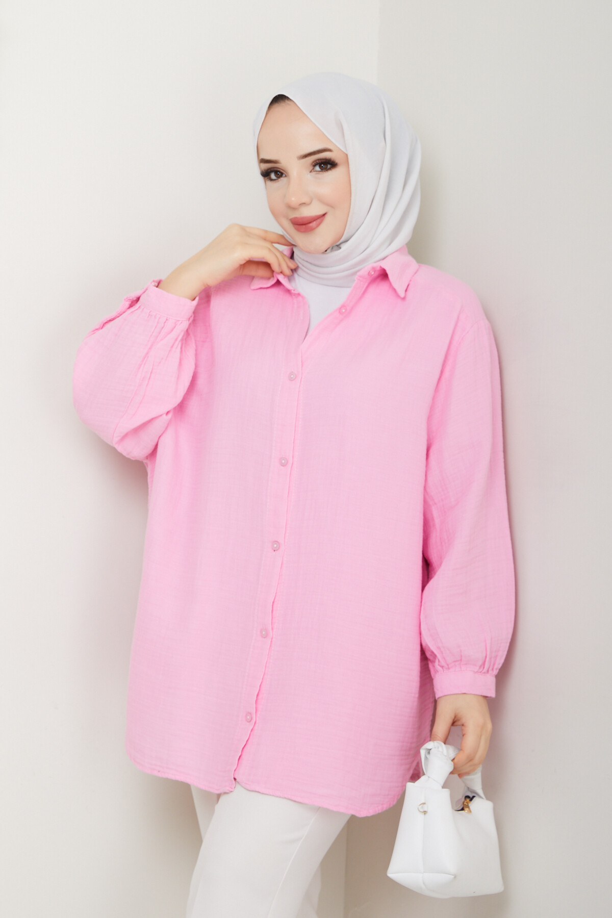 BALON KOL MÜSLİN GÖMLEK-PEMBE