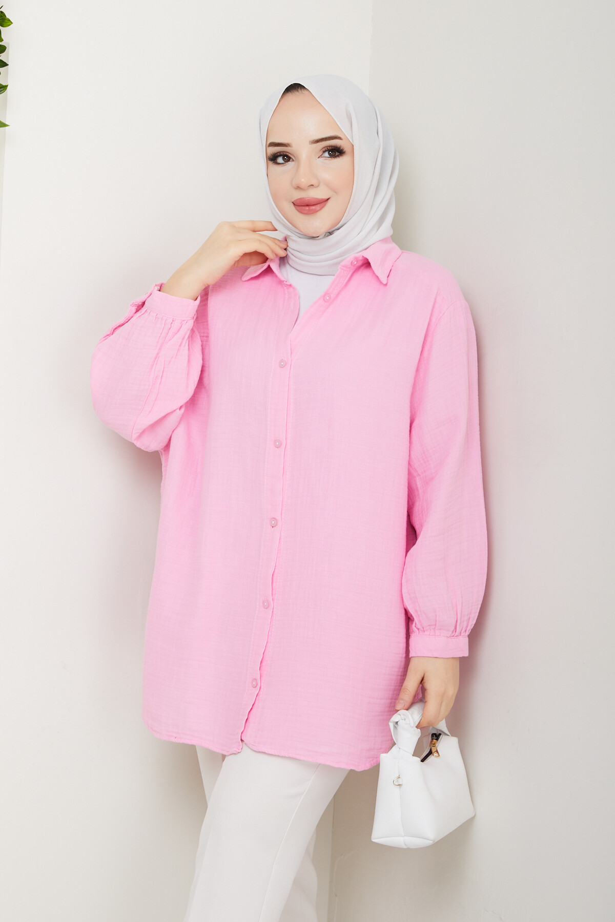 BALON KOL MÜSLİN GÖMLEK-PEMBE