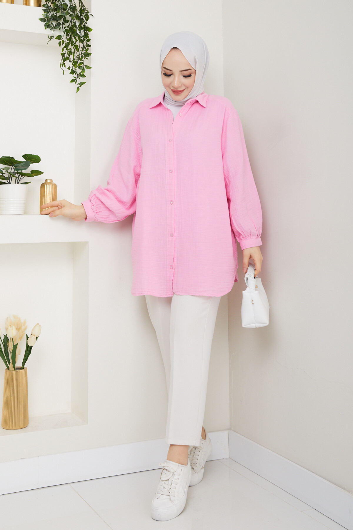 BALON KOL MÜSLİN GÖMLEK-PEMBE