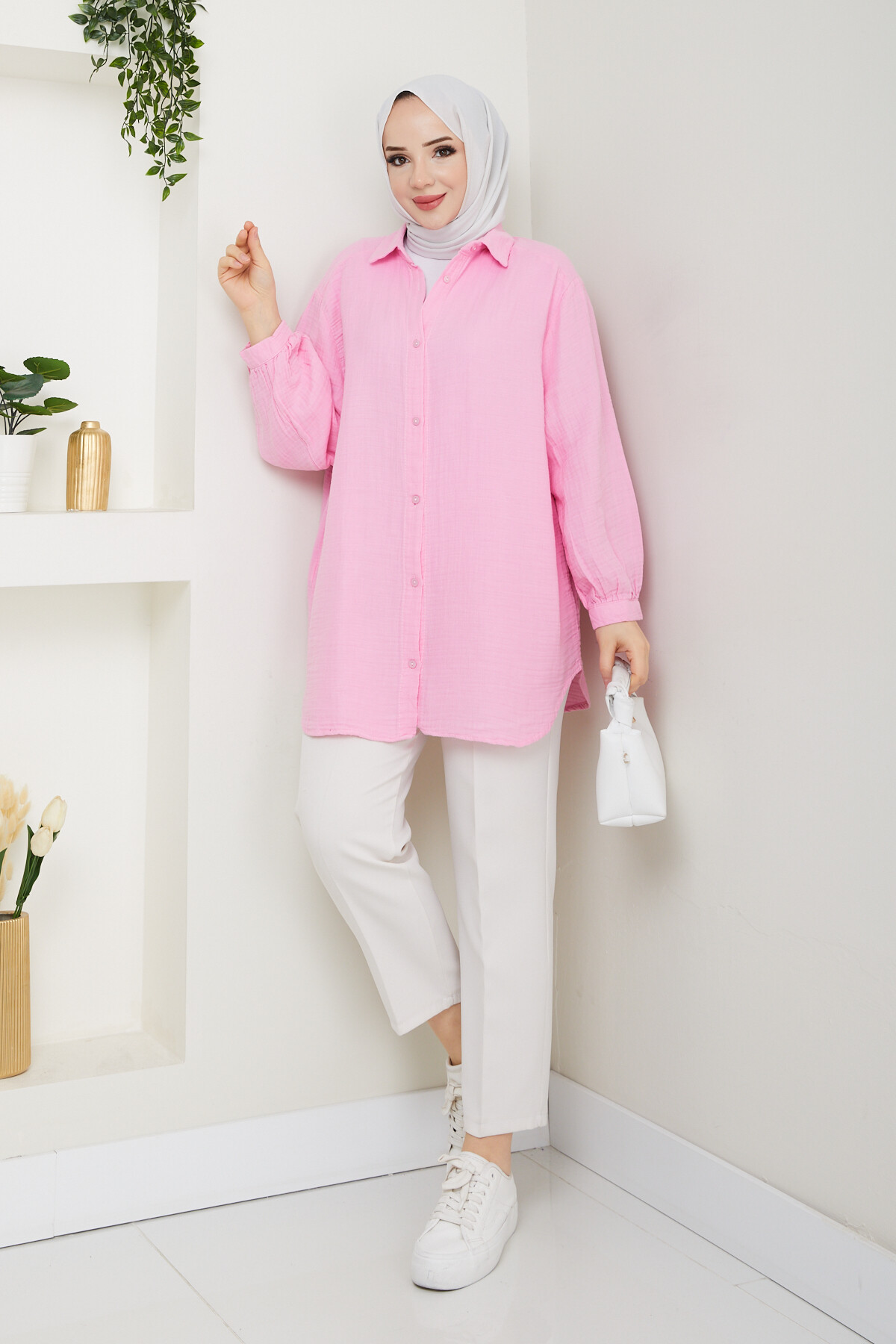 BALON KOL MÜSLİN GÖMLEK-PEMBE