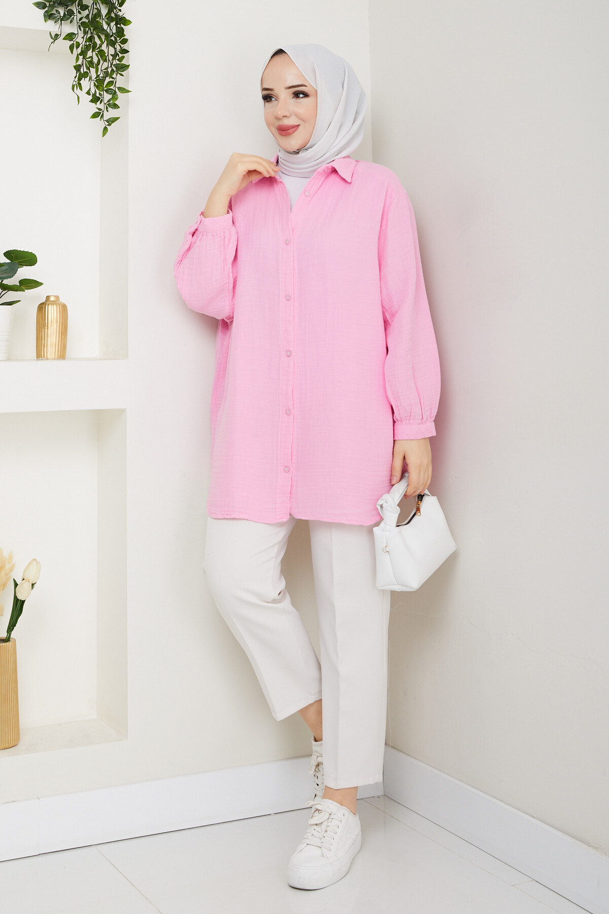 BALON KOL MÜSLİN GÖMLEK-PEMBE