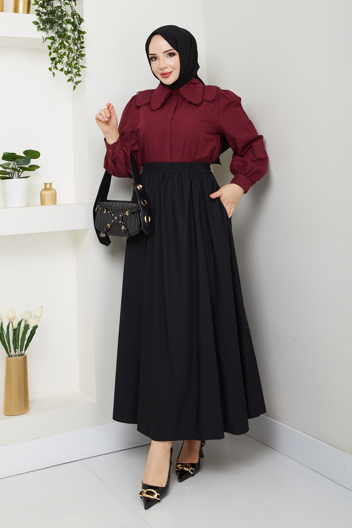 BEBE YAKA GÖMLEK ETEKLİ KOMBİN-BORDO