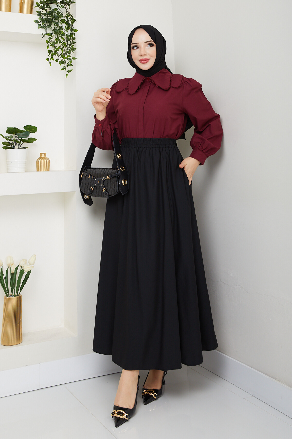 BEBE YAKA GÖMLEK ETEKLİ KOMBİN-BORDO