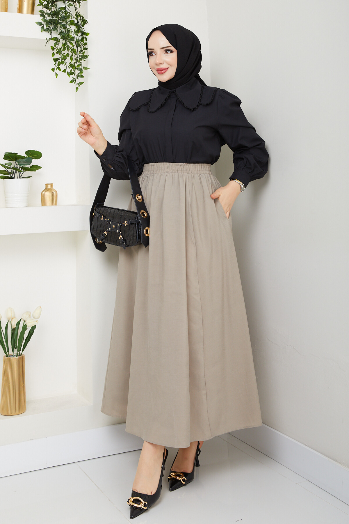 BEBE YAKA GÖMLEK ETEKLİ KOMBİN-SİYAH