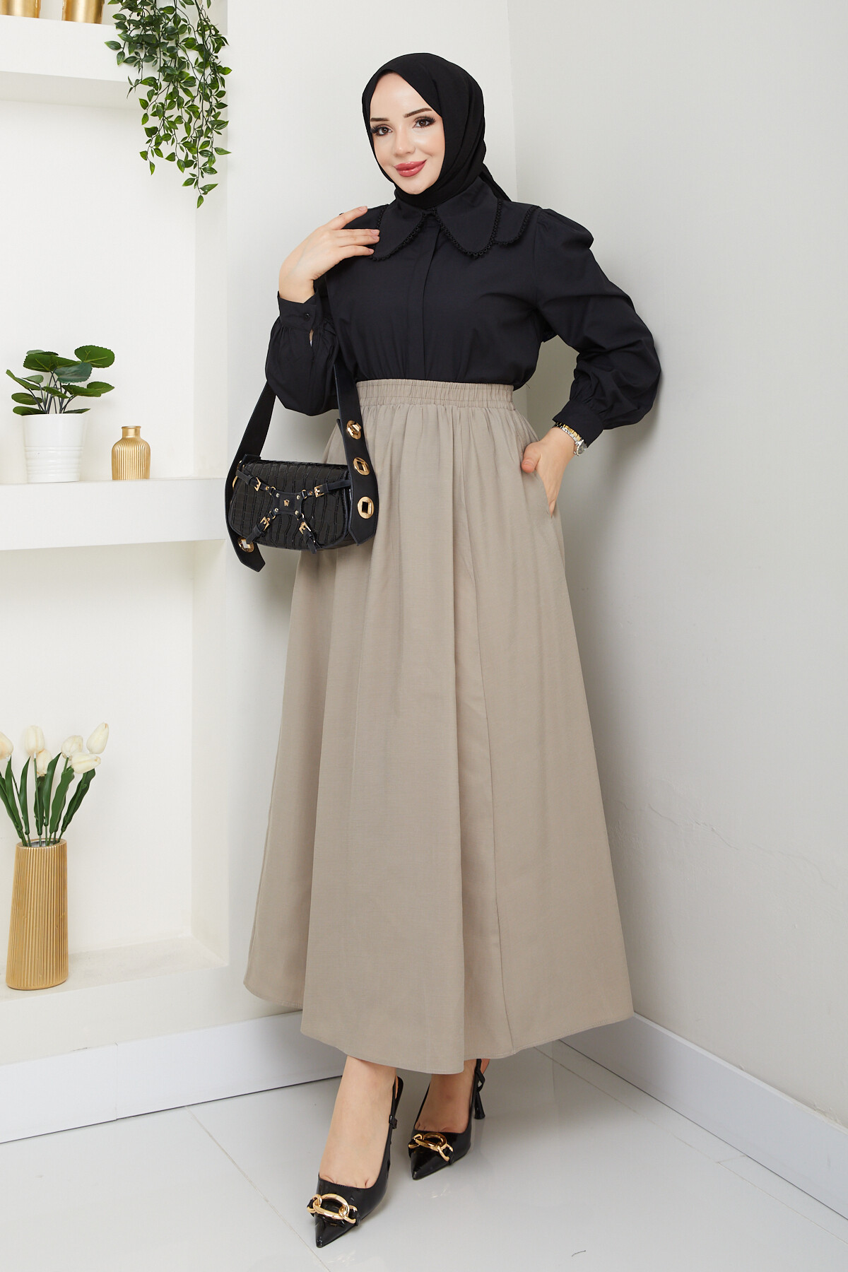 BEBE YAKA GÖMLEK ETEKLİ KOMBİN-SİYAH