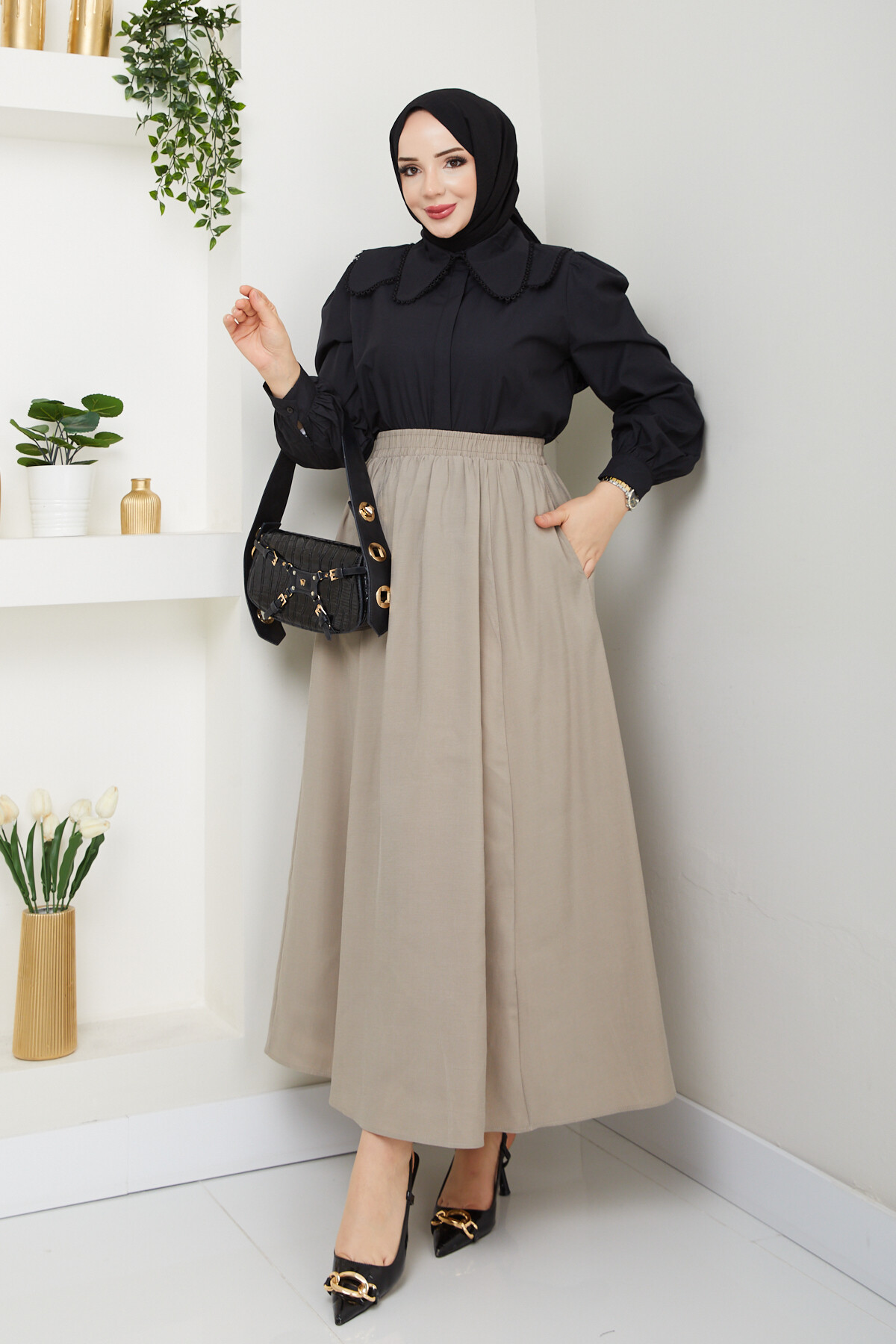 BEBE YAKA GÖMLEK ETEKLİ KOMBİN-SİYAH