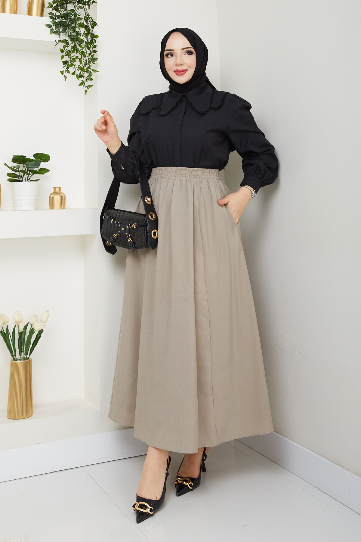 BEBE YAKA GÖMLEK ETEKLİ KOMBİN-SİYAH