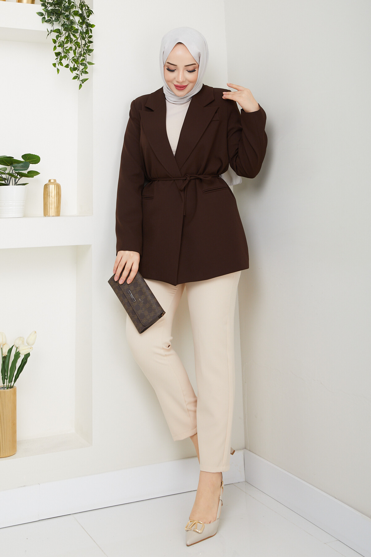 BEL BAĞCIK BLAZER CEKET-ACI KAHVE