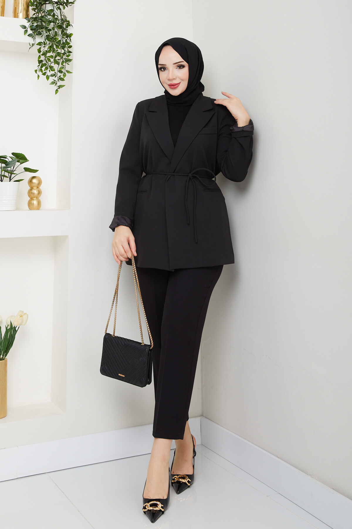 BEL BAĞCIK BLAZER CEKET - SİYAH
