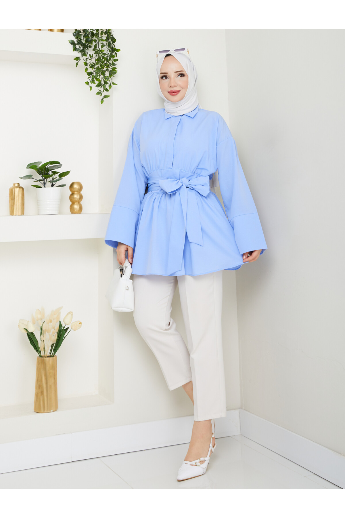 BELDEN OTURTMALI BAĞLAMALI GÖMLEK-BEBE MAVİ