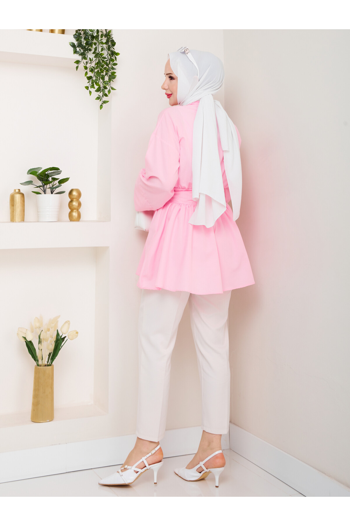 BELDEN OTURTMALI BAĞLAMALI GÖMLEK-PEMBE