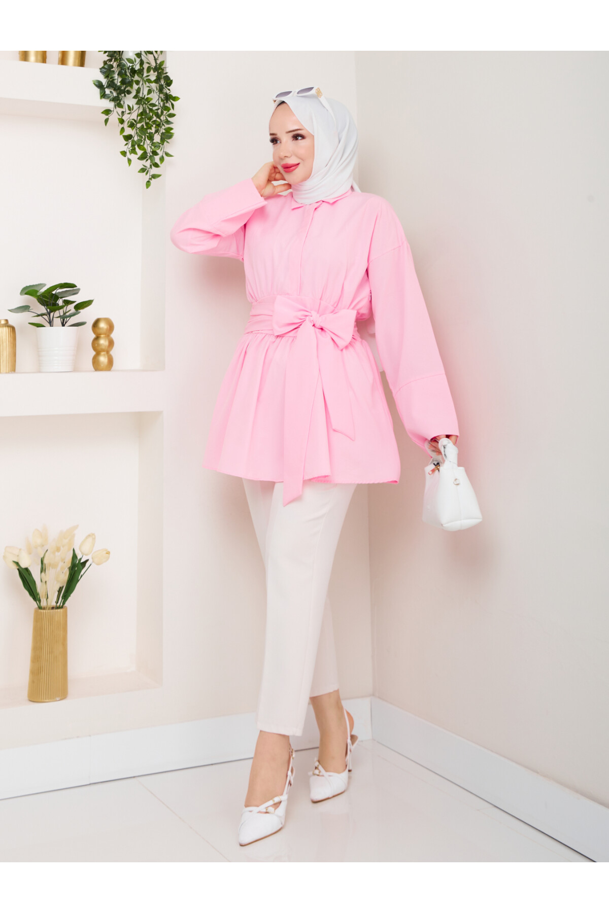 BELDEN OTURTMALI BAĞLAMALI GÖMLEK-PEMBE