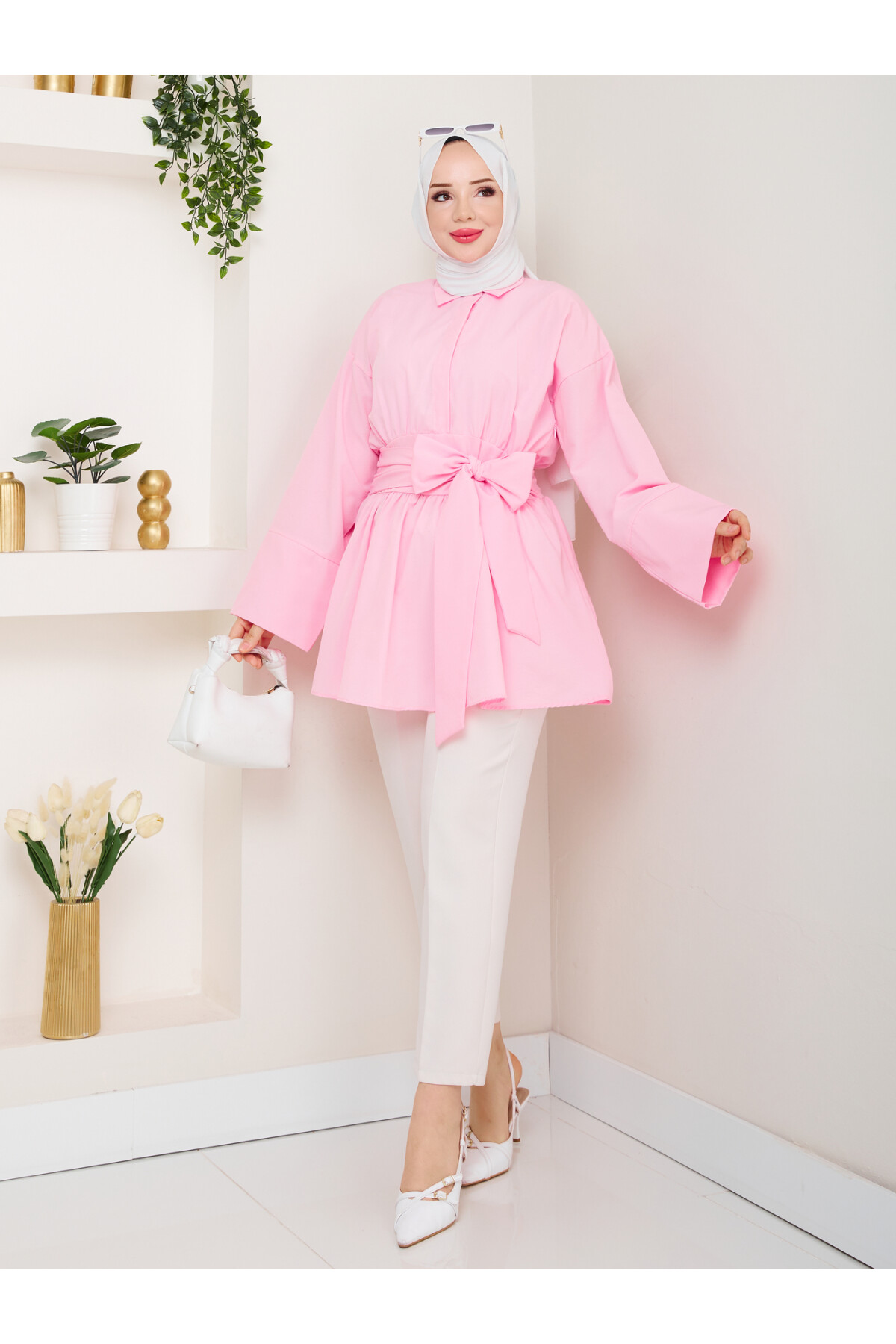 BELDEN OTURTMALI BAĞLAMALI GÖMLEK-PEMBE