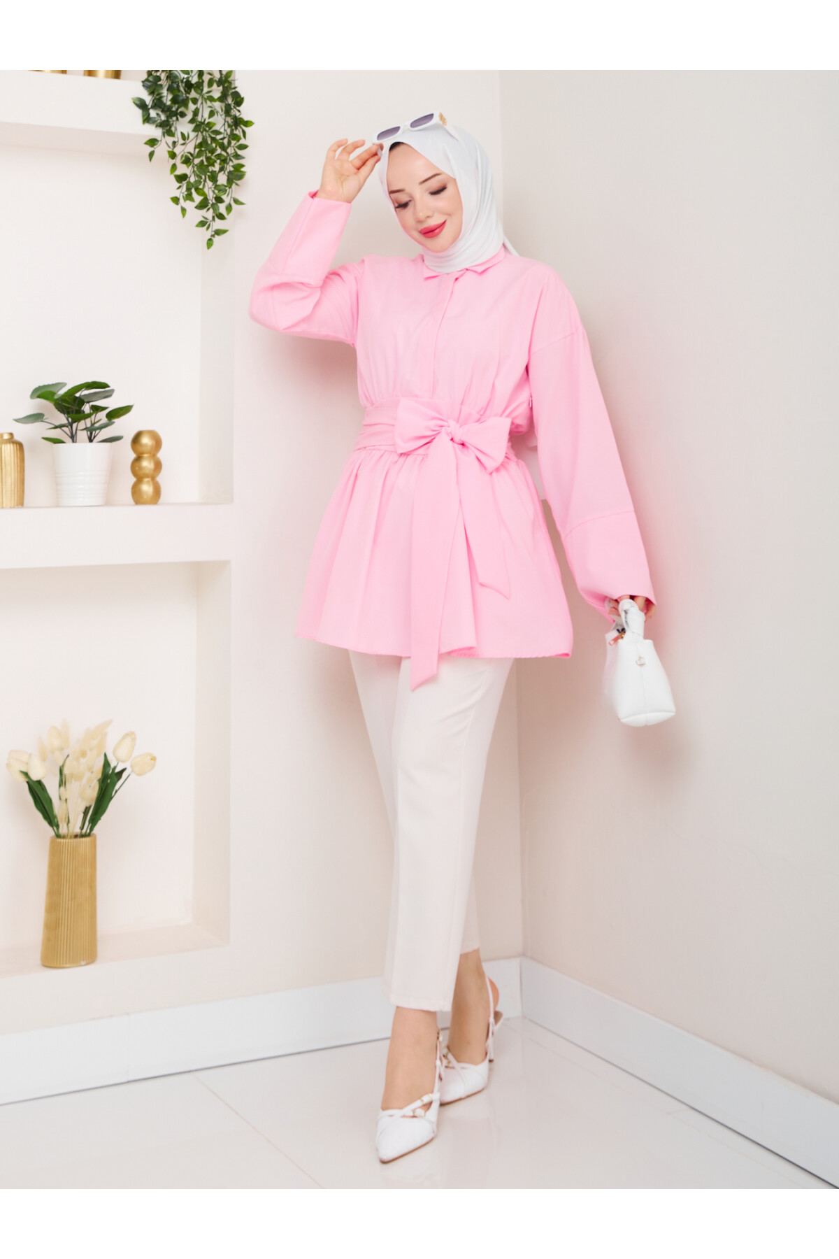 BELDEN OTURTMALI BAĞLAMALI GÖMLEK-PEMBE