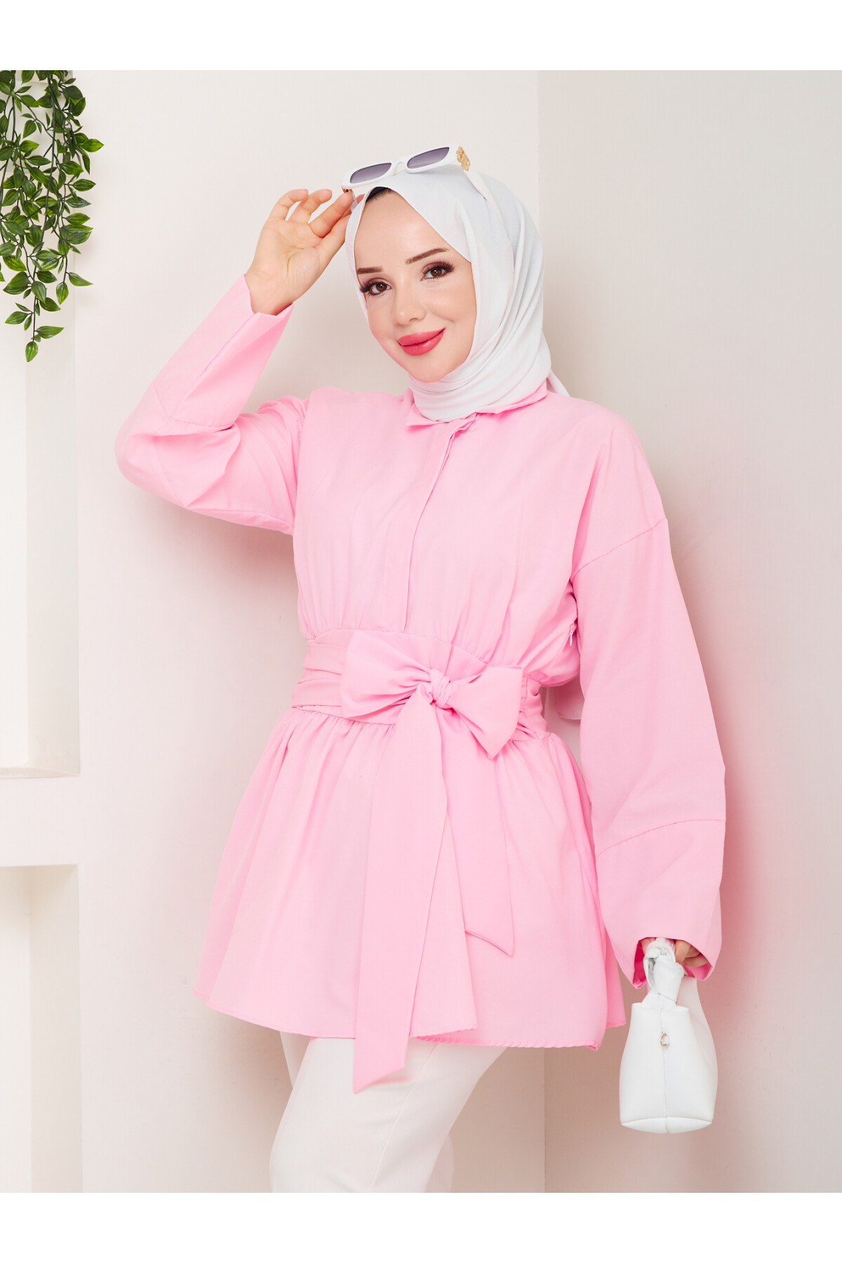 BELDEN OTURTMALI BAĞLAMALI GÖMLEK-PEMBE